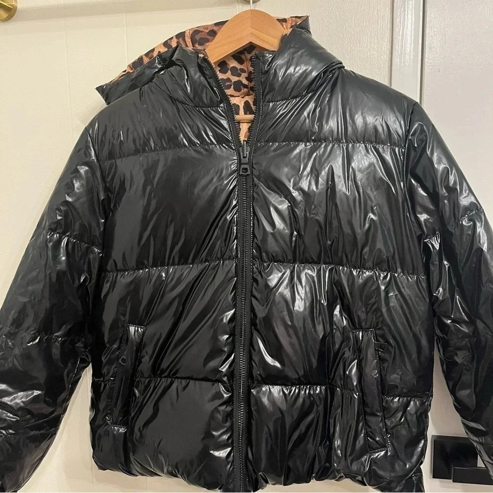 Alice + Olivia Durham black leopard print reversible puffer jacket size small - Picture 5 of 14